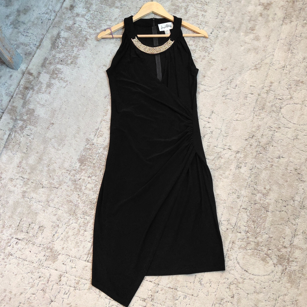Joseph Ribkoff Black Size 8 Medium Asymmetrical Faux Wrap Dress Gold Detail